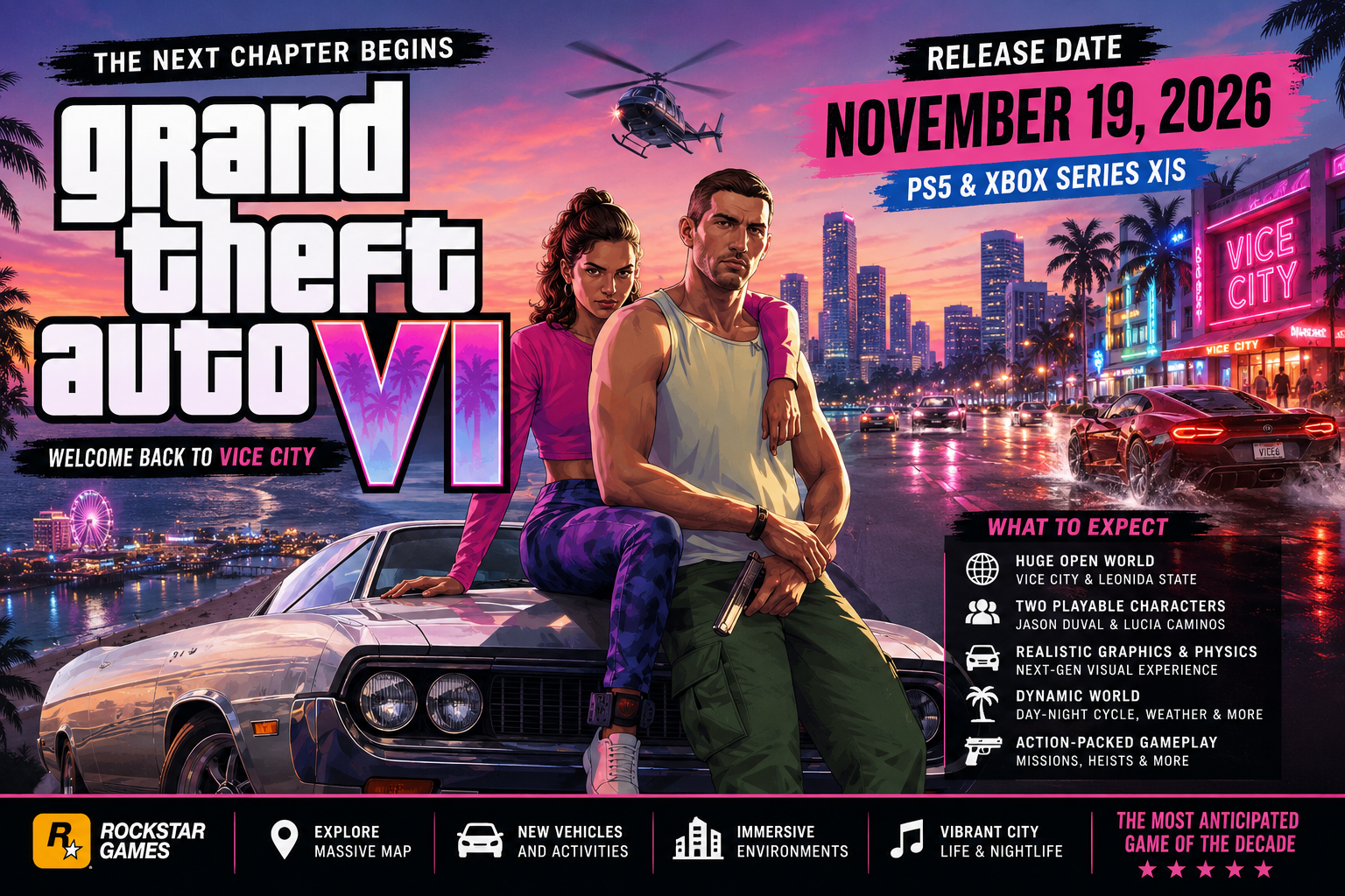 GTA 6 Grand Theft Auto VI release date Jason and Lucia in Vice City